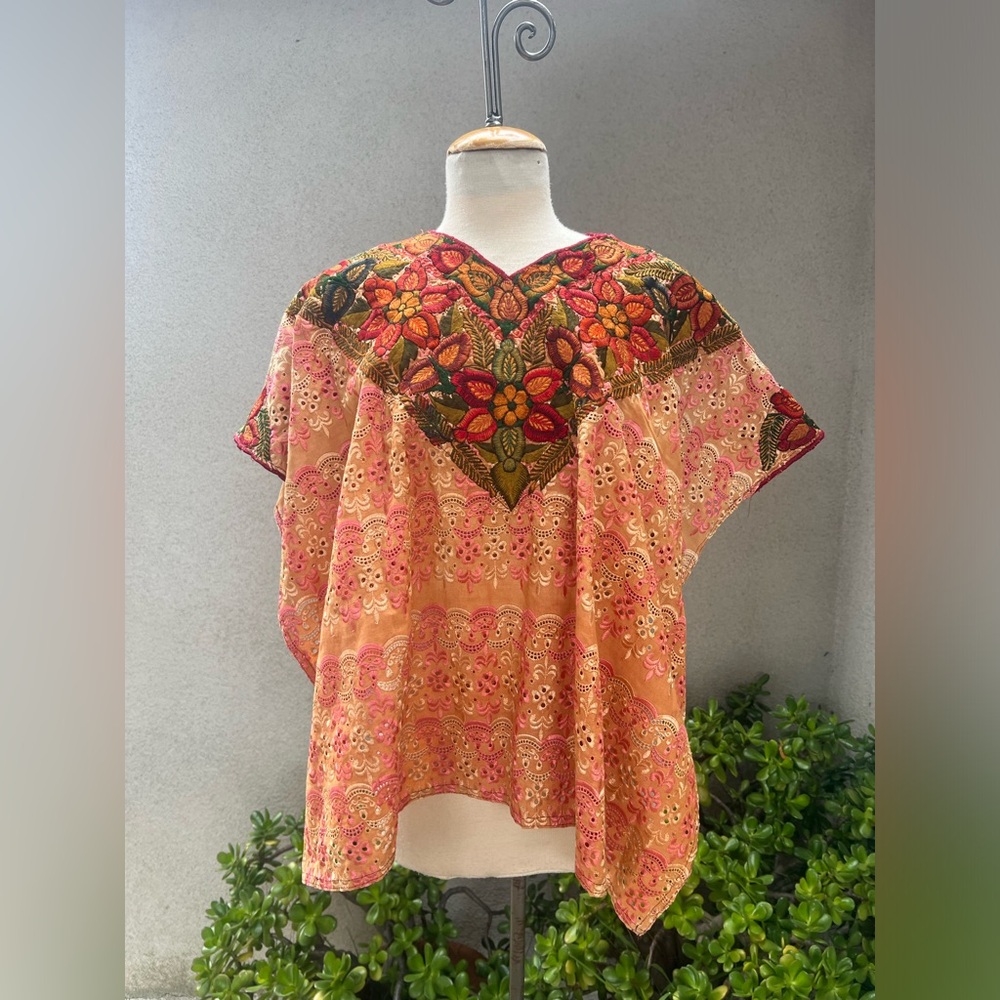 Vintage Guatemalan huipil top eyelet orange + floral embroidery OS